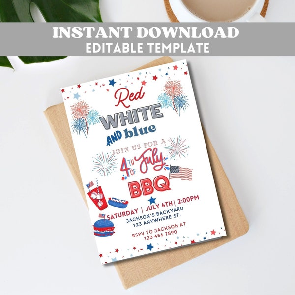 Editable 4th of July BBQ Invitation Red White Blue BBQ Fourth of July Backyard BBQ Invites Instant Download