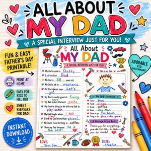 Pode incluir: Um questionário imprimível intitulado All About My Dad com ilustrações coloridas desenhadas à mão de ferramentas, uma grelha, um carro e um troféu. O documento inclui linhas para preencher com respostas manuscritas, espaço para um desenho e corações.