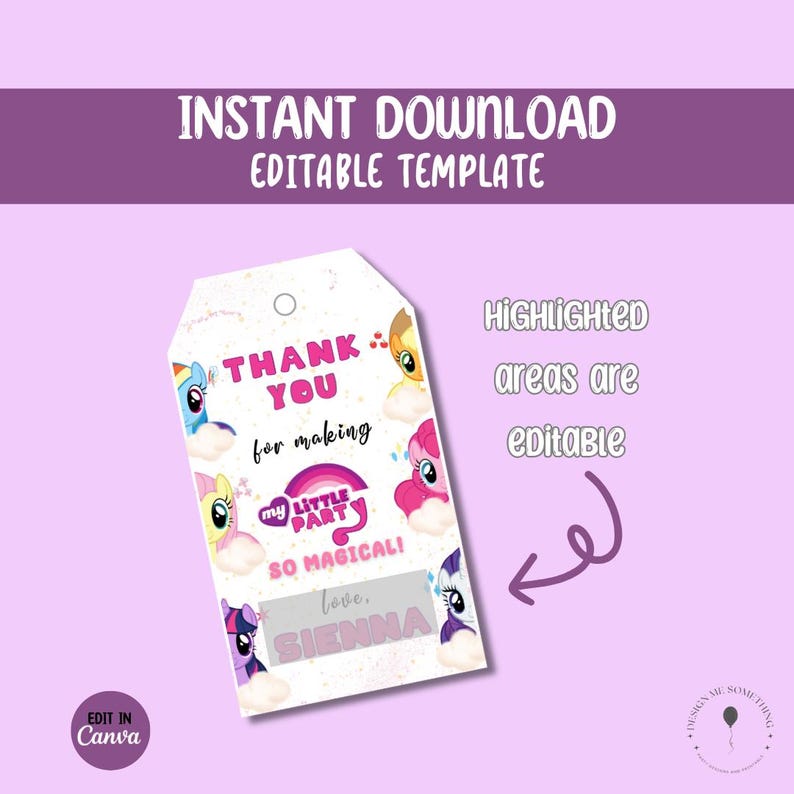 Editable My Little Pony Thank You Tags: Printable Canva Template ...