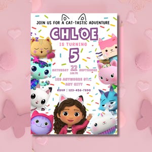 Faire-part d'anniversaire maison de poupée Gabbys, faire-part maison de poupée Gabby numérique, invitations de fête d'enfants imprimables, modèle de toile, GD1