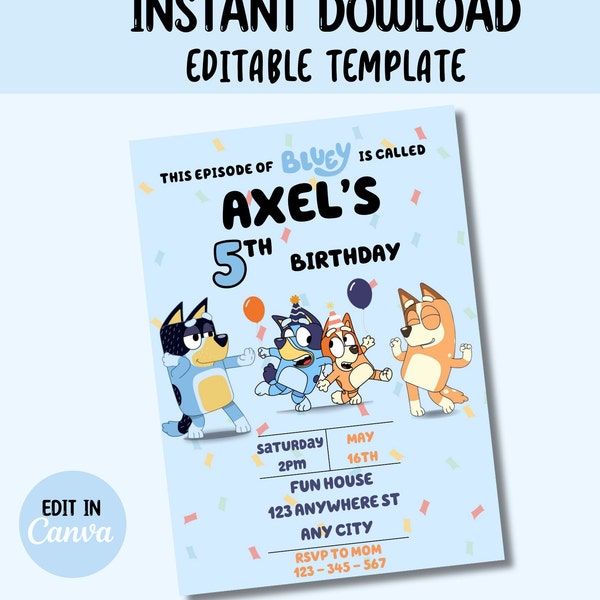 Invitation d'anniversaire Bluey modifiable, Invitation d'anniversaire Bluey et Bingo, téléchargement immédiat