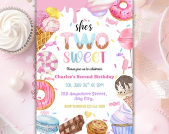 Two Sweet Birthday Invitation: Candy Donut Theme (Digital Download)