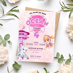Puppy Invitation, Dog Theme, Puppy Theme invite, Digital Download, Pink Puppy Girl Invitation, Printable Kids Party Invites, Canva Template