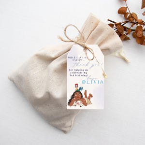 Tag di ringraziamento per il compleanno di Moana, festa di compleanno di Moana, bomboniera, modello modificabile Canva, tag di ringraziamento, MO1