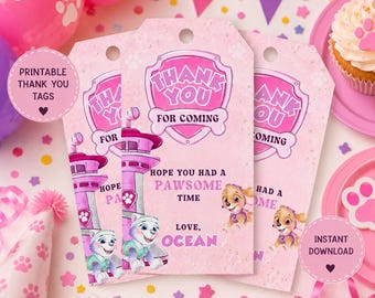 Pink Puppy Birthday Thank You Tag: Dog Theme Party, Canva Template (Digital Download)