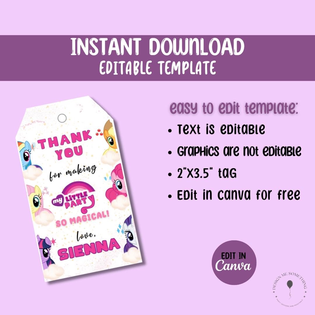 Editable My Little Pony Thank You Tags: Printable Canva Template ...