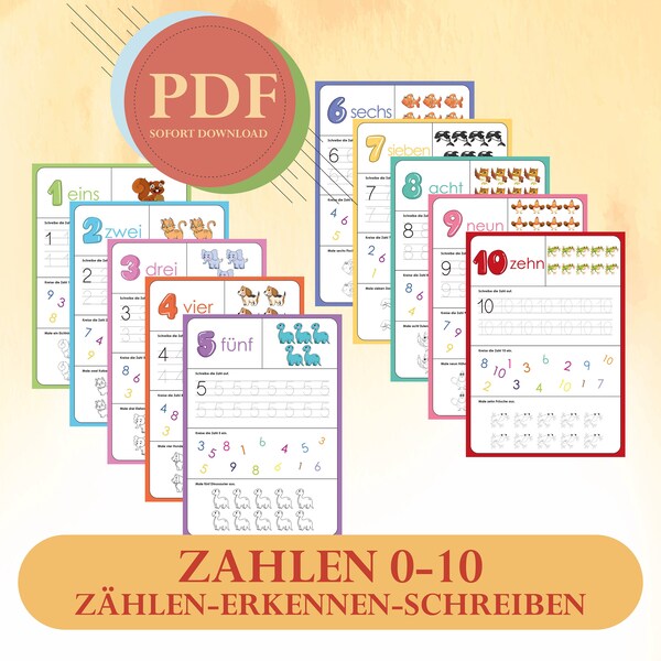 PDF Arbeitsblätter Zahlen 0 bis 10 - Zählen Schreiben Lernen - Kindergarten kind Vorschulkind - Sofort Download