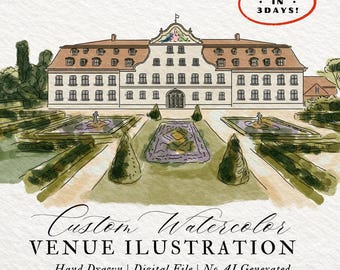 Custom Watercolor Venue Illustration, Custom Venue Drawing, Watercolor Wedding Venue ilustration,  Hand Drawn from Photo
