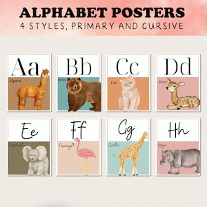 Classroom Alphabet Posters, Animal Alphabet, Boho Rainbow, Kindergarten + Preschool Classroom Posters Printable Alphabet Line