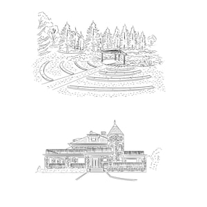 Puede incluir: Dos dibujos lineales en blanco y negro. El dibujo superior representa un anfiteatro al aire libre con una glorieta y &aacute;rboles. El dibujo inferior muestra una casa grande con exterior de piedra, una torre y un porche.