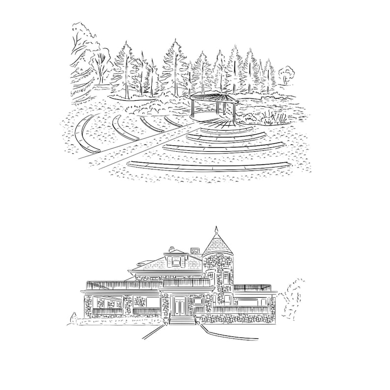 Puede incluir: Dos dibujos lineales en blanco y negro. El dibujo superior representa un anfiteatro al aire libre con una glorieta y &aacute;rboles. El dibujo inferior muestra una casa grande con exterior de piedra, una torre y un porche.