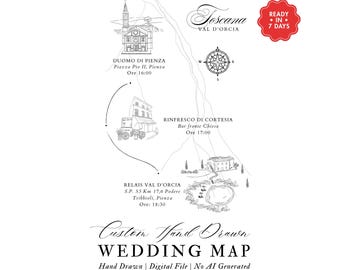 Wedding Map Illustration, Destination Wedding, Location Map, Wedding Map Creator