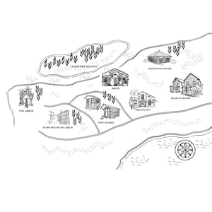 Puede incluir: Un mapa ilustrado en blanco y negro que presenta varios edificios y lugares. El mapa incluye etiquetas como "The Arbor", "3 Sisters Island", "Brick", "Tiny Homes", "Pump House Oil Drum", "Manifold House", "The Studio" y "Season House".