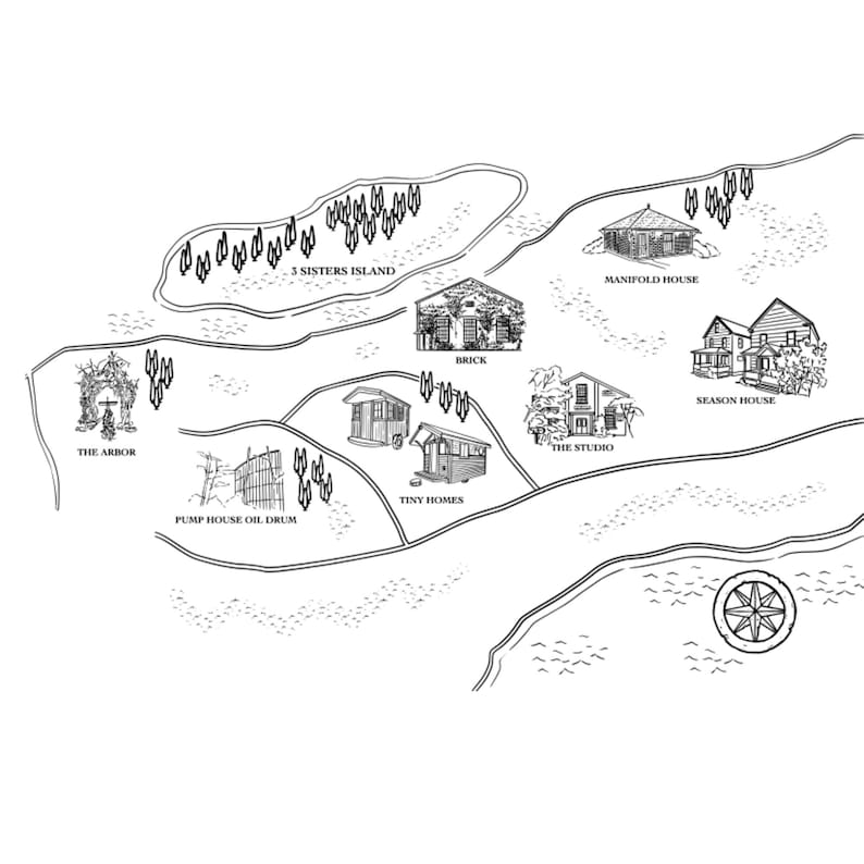 Puede incluir: Un mapa ilustrado en blanco y negro que presenta varios edificios y lugares. El mapa incluye etiquetas como "The Arbor", "3 Sisters Island", "Brick", "Tiny Homes", "Pump House Oil Drum", "Manifold House", "The Studio" y "Season House".