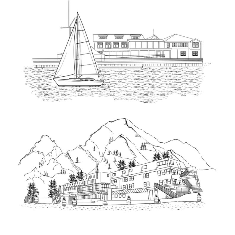 Puede incluir: Ilustraci&oacute;n en blanco y negro con dos escenas. La escena superior representa un velero en el agua cerca de un edificio. La escena inferior muestra un edificio cerca de monta&ntilde;as y &aacute;rboles.