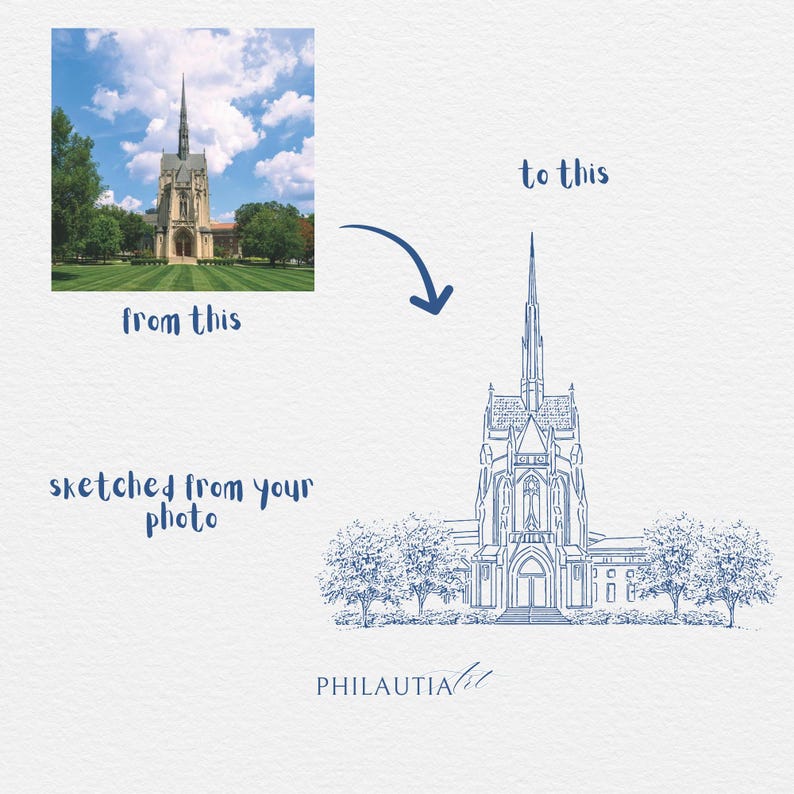 May include: A digitally sketched architectural illustration of a building with a tall spire, next to a photograph of the same building. The text reads "from this" and "to this" with an arrow. The words "sketched from your photo" are also present.