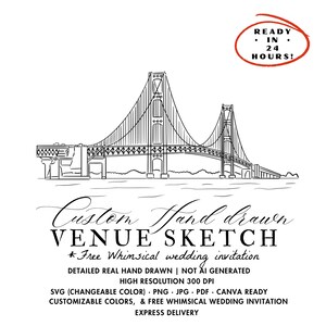 Puede incluir: Un boceto en blanco y negro dibujado a mano del Golden Gate Bridge. La imagen incluye el texto "Custom Hand Drawn Venue Sketch" y "Ready in 24 Hours!". Es un dise&ntilde;o detallado y de alta resoluci&oacute;n para invitaciones de boda.