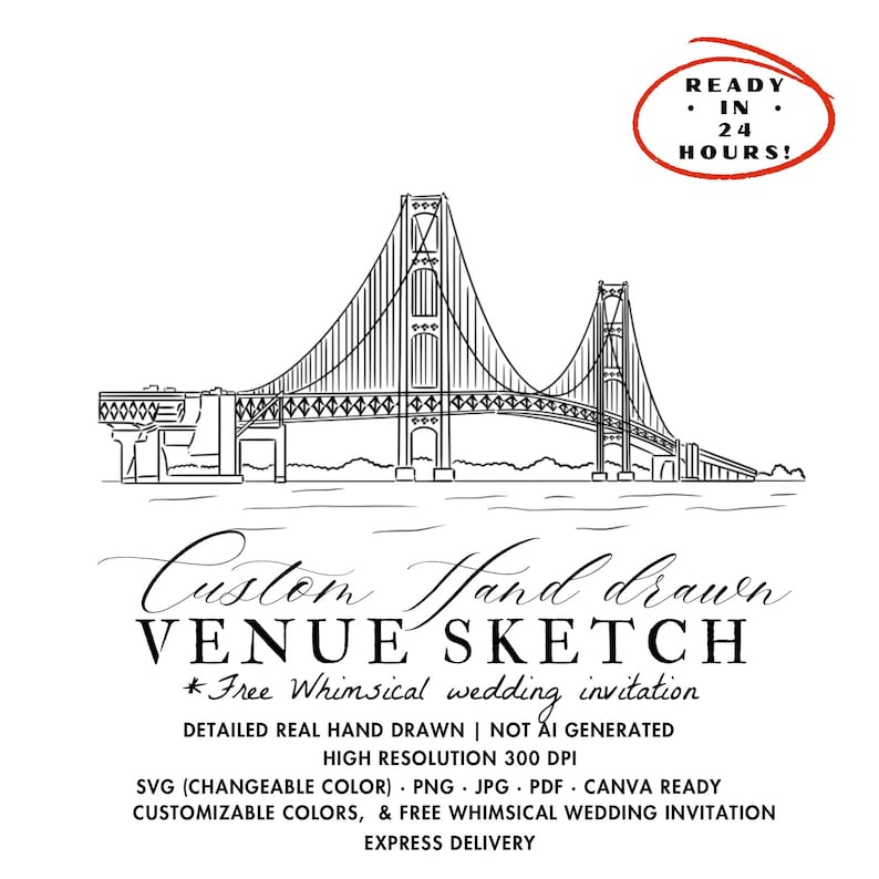 Puede incluir: Un boceto en blanco y negro dibujado a mano del Golden Gate Bridge. La imagen incluye el texto "Custom Hand Drawn Venue Sketch" y "Ready in 24 Hours!". Es un dise&ntilde;o detallado y de alta resoluci&oacute;n para invitaciones de boda.