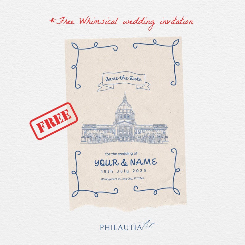 May include: A whimsical wedding invitation with a blue illustration of a building and decorative swirls. The text "Save the Date" is above the building. The invitation includes the text "YOUR & NAME" and "15th July 2025". A red "FREE" stamp is in the corner.