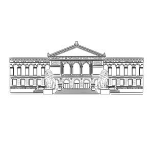 Puede incluir: Dibujo lineal en blanco y negro de un edificio con dise&ntilde;o cl&aacute;sico. El edificio presenta una entrada central arqueada, flanqueada por dos estatuas de leones. El texto en la parte superior dice "THE ART INSTITUTE OF CHICAGO".
