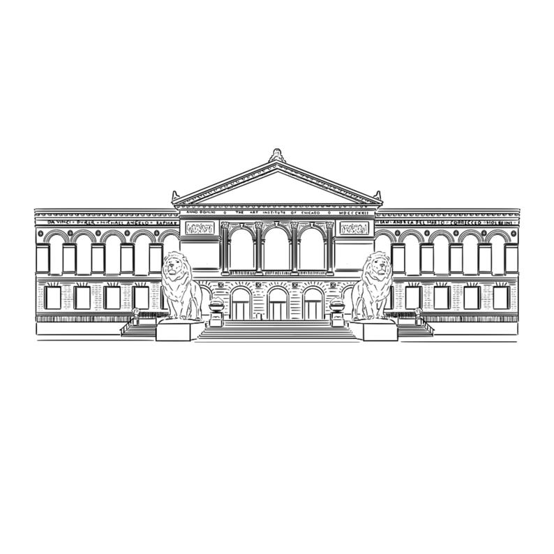 Puede incluir: Dibujo lineal en blanco y negro de un edificio con dise&ntilde;o cl&aacute;sico. El edificio presenta una entrada central arqueada, flanqueada por dos estatuas de leones. El texto en la parte superior dice "THE ART INSTITUTE OF CHICAGO".