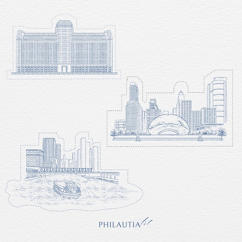 May include: Blue line art illustration of Chicago landmarks, including a large building, a cityscape with a reflective bean-shaped sculpture, and a river scene with a boat. The word "PHILAUTIA" is written in the bottom right corner.