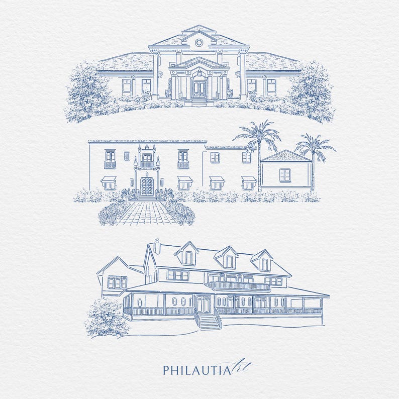 May include: Blue ink architectural illustrations of three different buildings. The top building is a large, symmetrical structure with a detailed facade. The middle building has a courtyard and the bottom building has a wraparound porch. The word "PHILAUTIA" is written at the bottom.