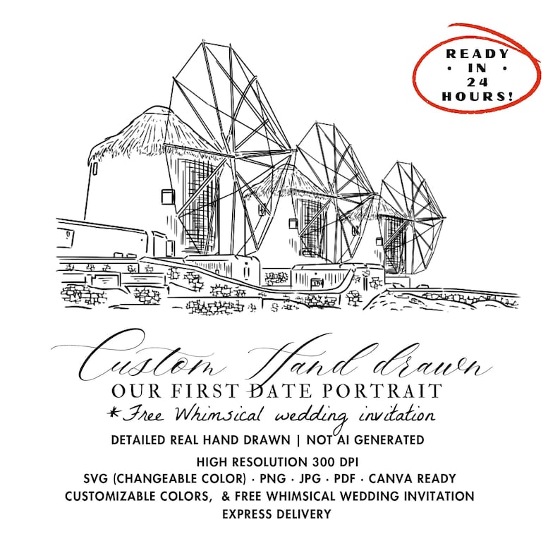 Puede incluir: Un dibujo lineal en blanco y negro de molinos de viento con el texto "Custom Hand Drawn" y "Our First Date Portrait". La imagen tambi&eacute;n incluye el texto "Ready in 24 Hours!" y detalles del producto.