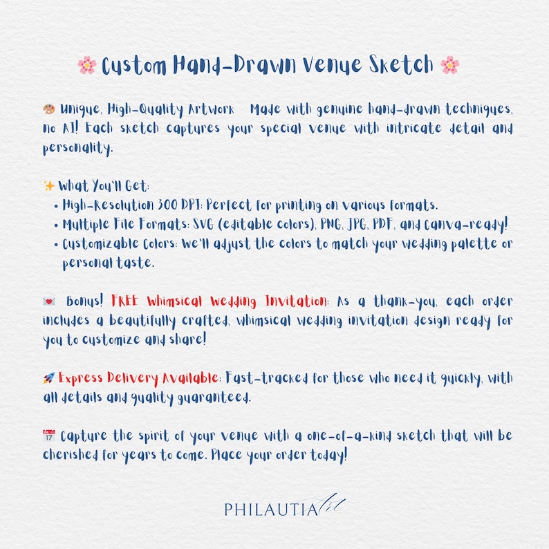 May include: A digital image with the text "Custom Hand-Drawn Venue Sketch." The text describes unique, high-quality artwork made with hand-drawn techniques. Includes high-resolution files, multiple formats, and customizable colors. A free wedding invitation is included.