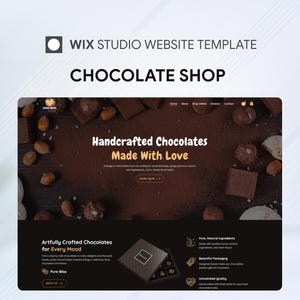 May include: A website template for a chocolate shop. The design features a dark brown background with scattered chocolate pieces and the text "Handcrafted Chocolates Made With Love." Additional text includes "Artfully Crafted Chocolates for Every Mood."