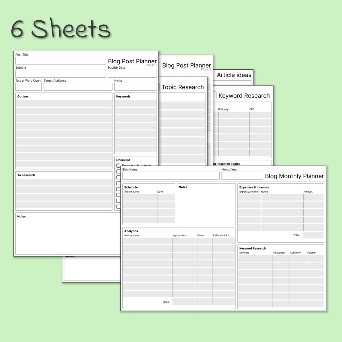 Blog Planner Printables / 6 Sheets / A4 / US Letter / Monthly Blog ...