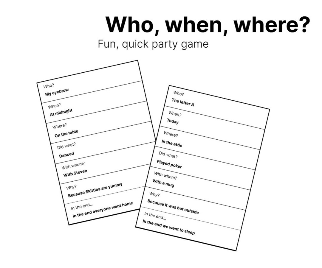 5-minute Printable Pen & Paper Party Game who, When, Where / Printable ...