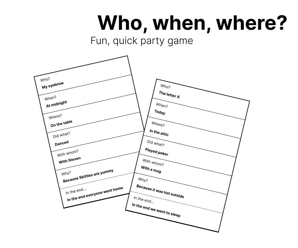 5minute Printable Pen & Paper Party Game who, When, Where / Printable