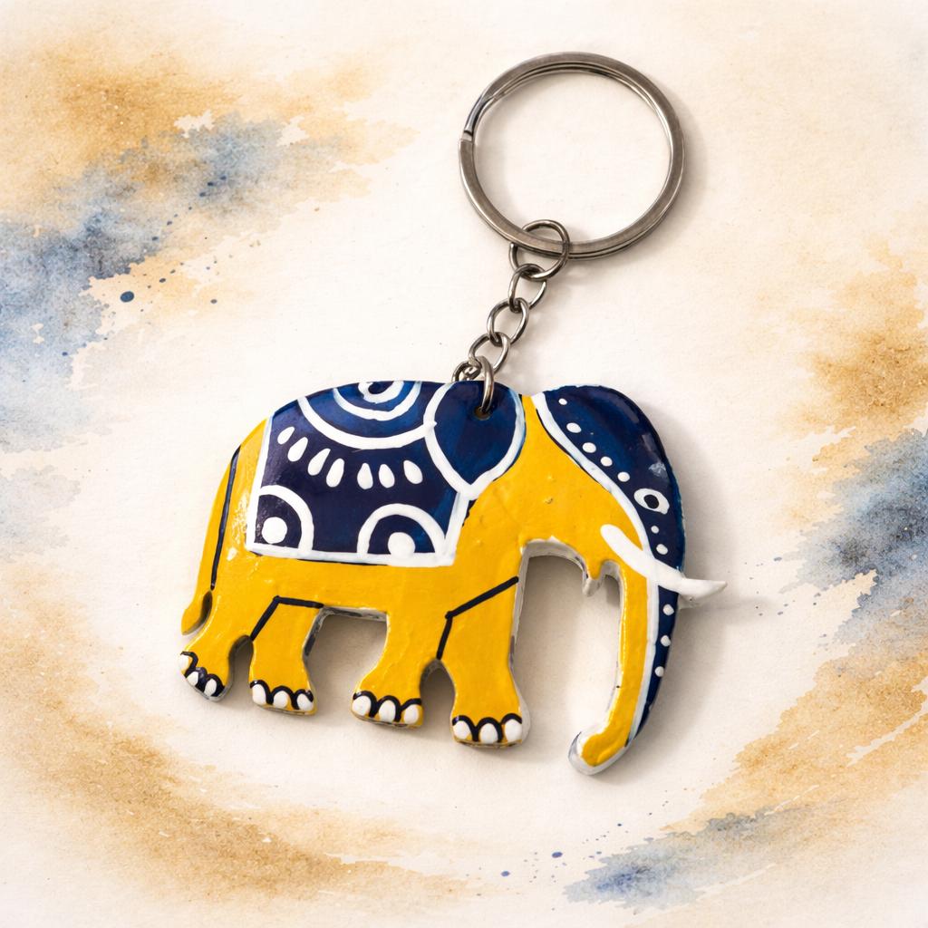 Hand Painted Coconut Shell Elephant Keychain, Mandala Design, Sri