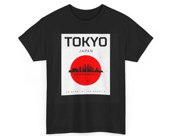 Tokyo Japan T Shirt, Red Sun Skyline Graphic Tee, Japanese Travel Inspired Top, Urban City Typography Shirt