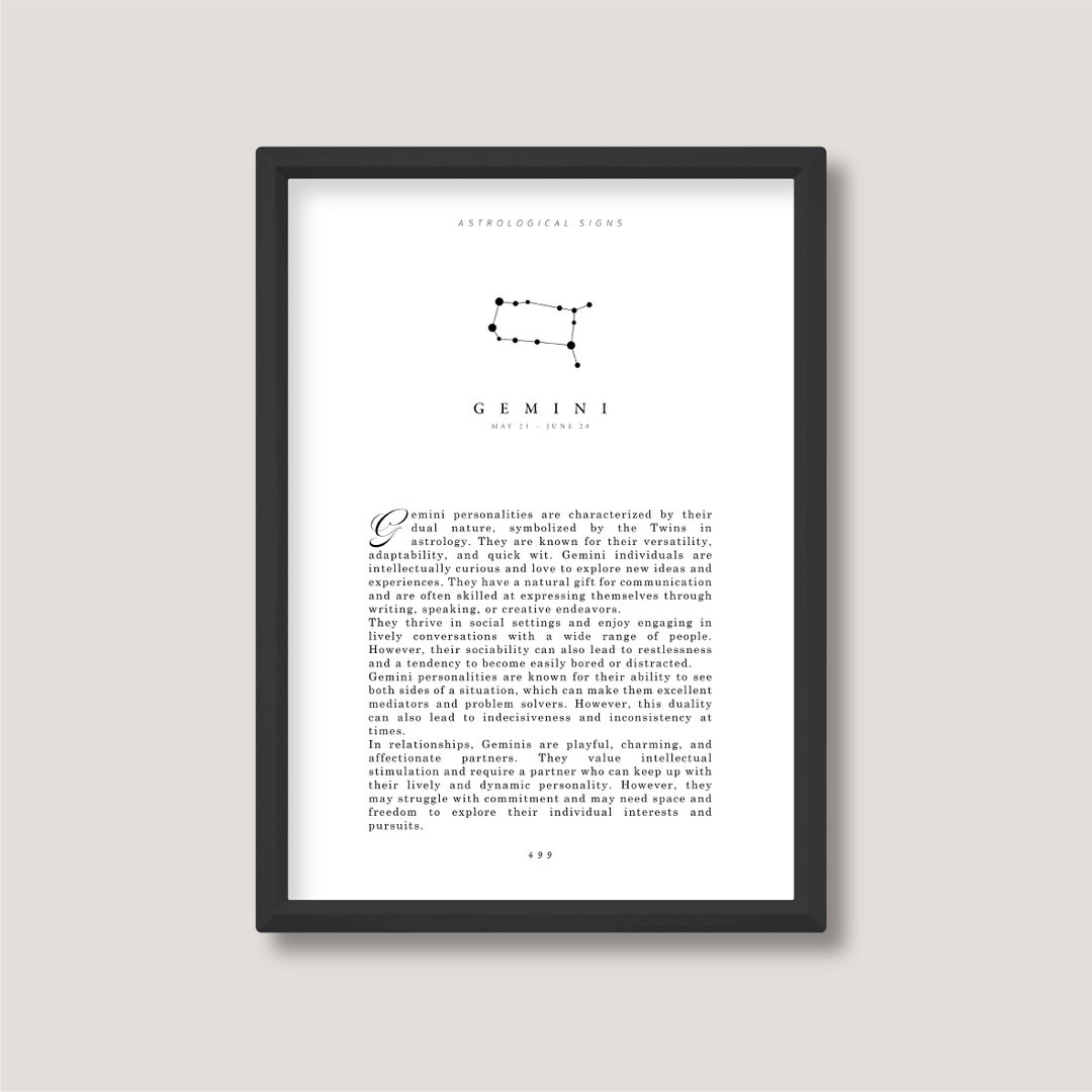 Gemini Constellation Star Sign Zodiac Definition Print Minimalist Black ...