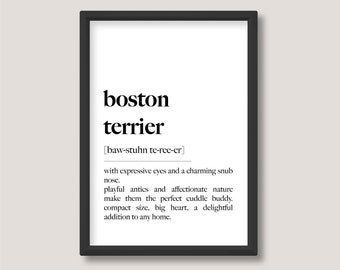 Boston Terrier | Dog Breed Definition Print | Minimalist Black and White Wall Art | A5 A4 A3 | Unframed