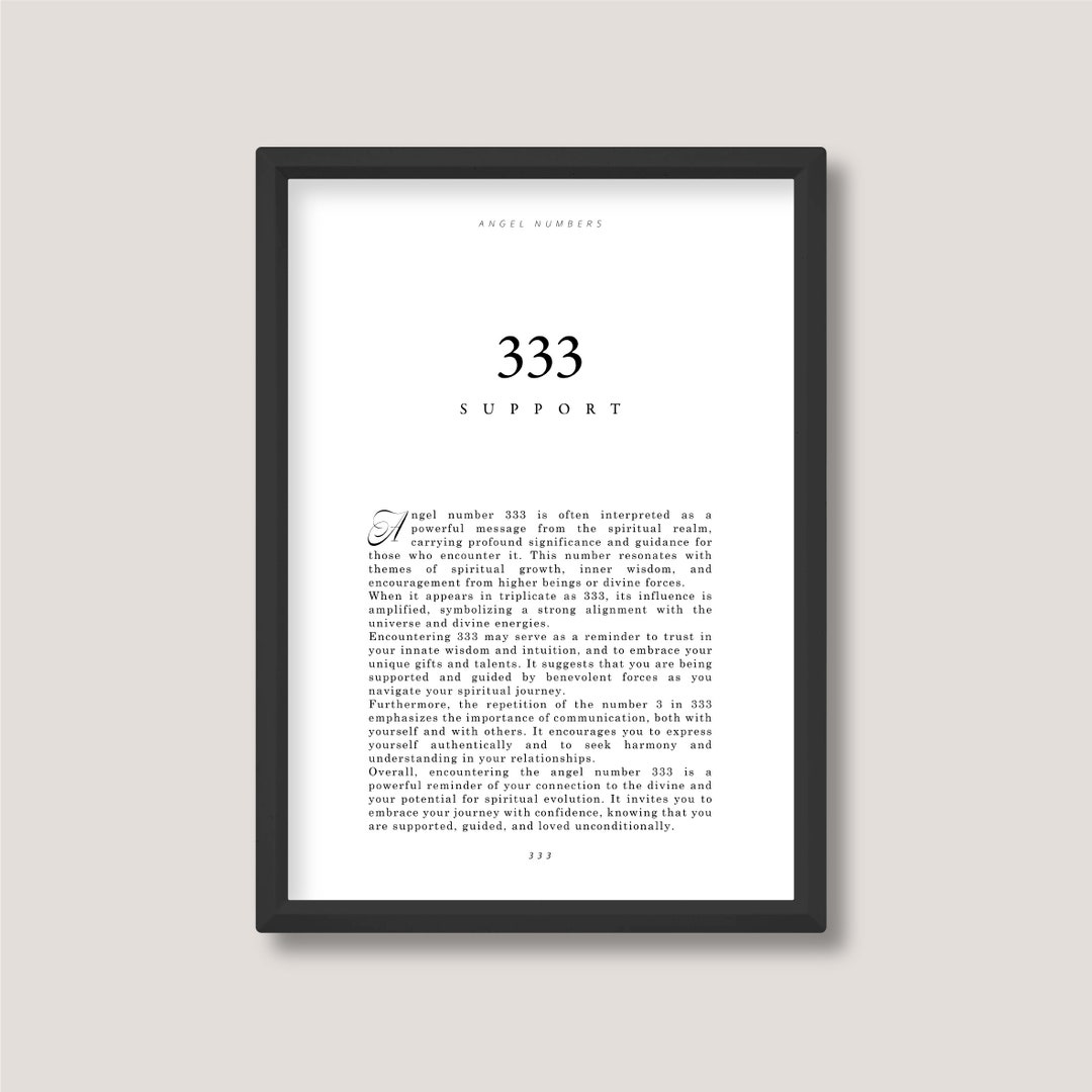 333 Support | Angel Number Definition Print | Minimalist Black and ...