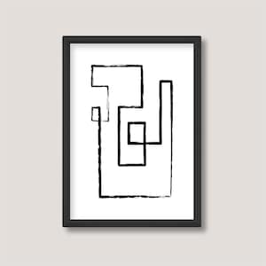 May include: Black and white abstract geometric line art print in a black frame.