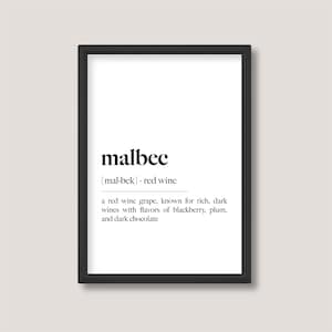 マルベック | アルコール赤ワイン定義プリント | ミニマリスト白黒ウォールアート | A5 A4 A3 | フレームなし