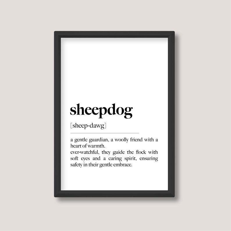 Sheepdog Dog Breed Definition Print Minimalist Black and White Wall Art