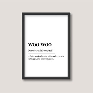 Woo Woo | アルコールカクテル定義プリント | ミニマリストの白黒ウォールアート | A5 A4 A3 | フレームなし