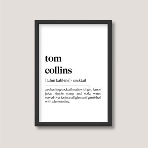 Tom Collins | Alkohol Cocktail Definition Druck | Minimalistische Schwarz-Weiß-Wand-Kunst | A5 A4 A3 | Ungerahmt