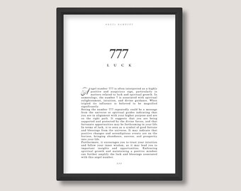 777 Luck | Angel Number Definition Print | Minimalist Black and White Wall Art | A5 A4 A3 | Unframed