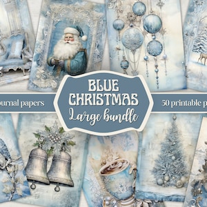 Páginas de diario basura “Navidad azul” – Paquete grande, kit de diario basura de Navidad, papel de álbum de recortes de Navidad, Papá Noel imprimible, página de diario vintage