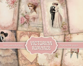 Junk Journal Pages “Victorian Romance” – Shabby Chic Junk Journal Kit, Floral Scrapbook Paper, Valentine Day Digital Download, Vintage Print
