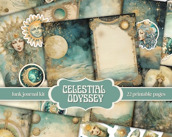 Junk Journal Kit “Celestial Odyssey” – Sun and Moon Printable, Moonlight Scrapbook Papers, Mystical Digital Download, Celestial Journal Page