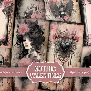 Junk Journal Pages “Gothic Valentines” – Romantic Junk Journal Kit, Valentine&#39;s Day Scrapbook Papers, Dark Love Digital Download