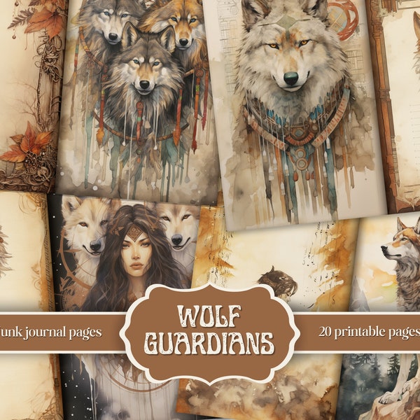 Junk Journal Seiten “Wolf Guardians” – Wölfe Junk Journal Kit, Wald Scrapbook Papiere, spirituelle Ausdrucke, digitale Downloads von Wildtieren