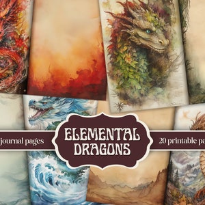 Pagine del diario spazzatura "Elemental Dragons" – Kit del diario spazzatura del drago del fuoco, carte per scrapbook fantasy, stampabili magici, pagine del diario del drago